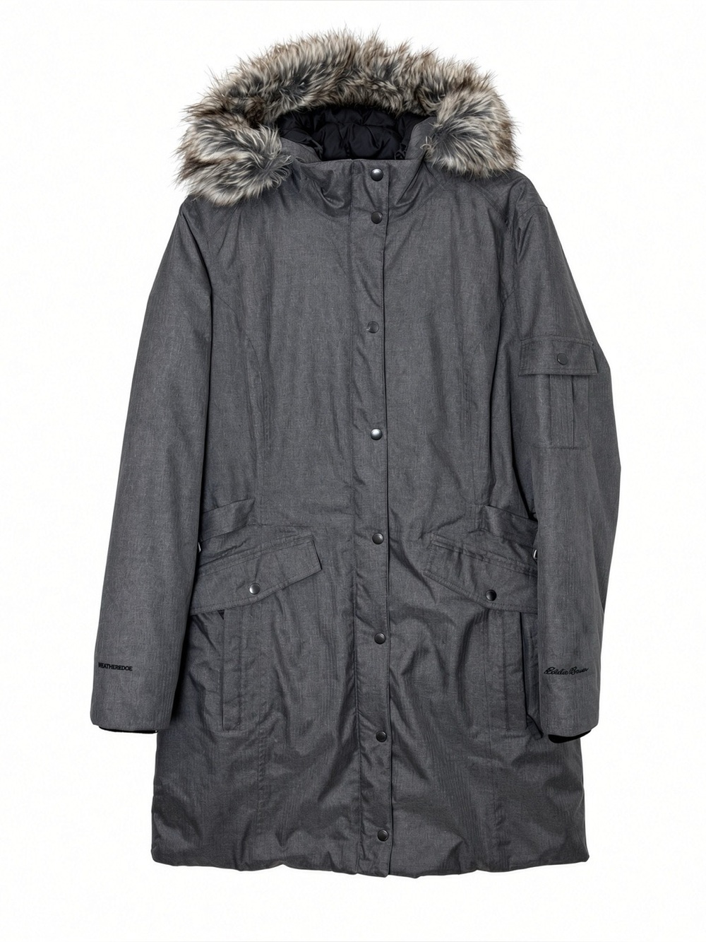 Eddie Bauer WeatherEdge Down Parka Coat XL Faux Fur Hood Gray Like New Jacket